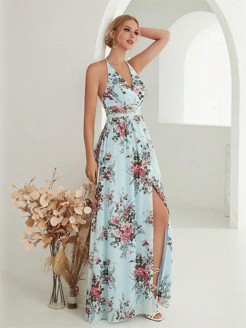 Elegant Flower Print Chiffon Dress for Women - Sexy Halter V Neck Backless Long Summer Fashion Party Dress